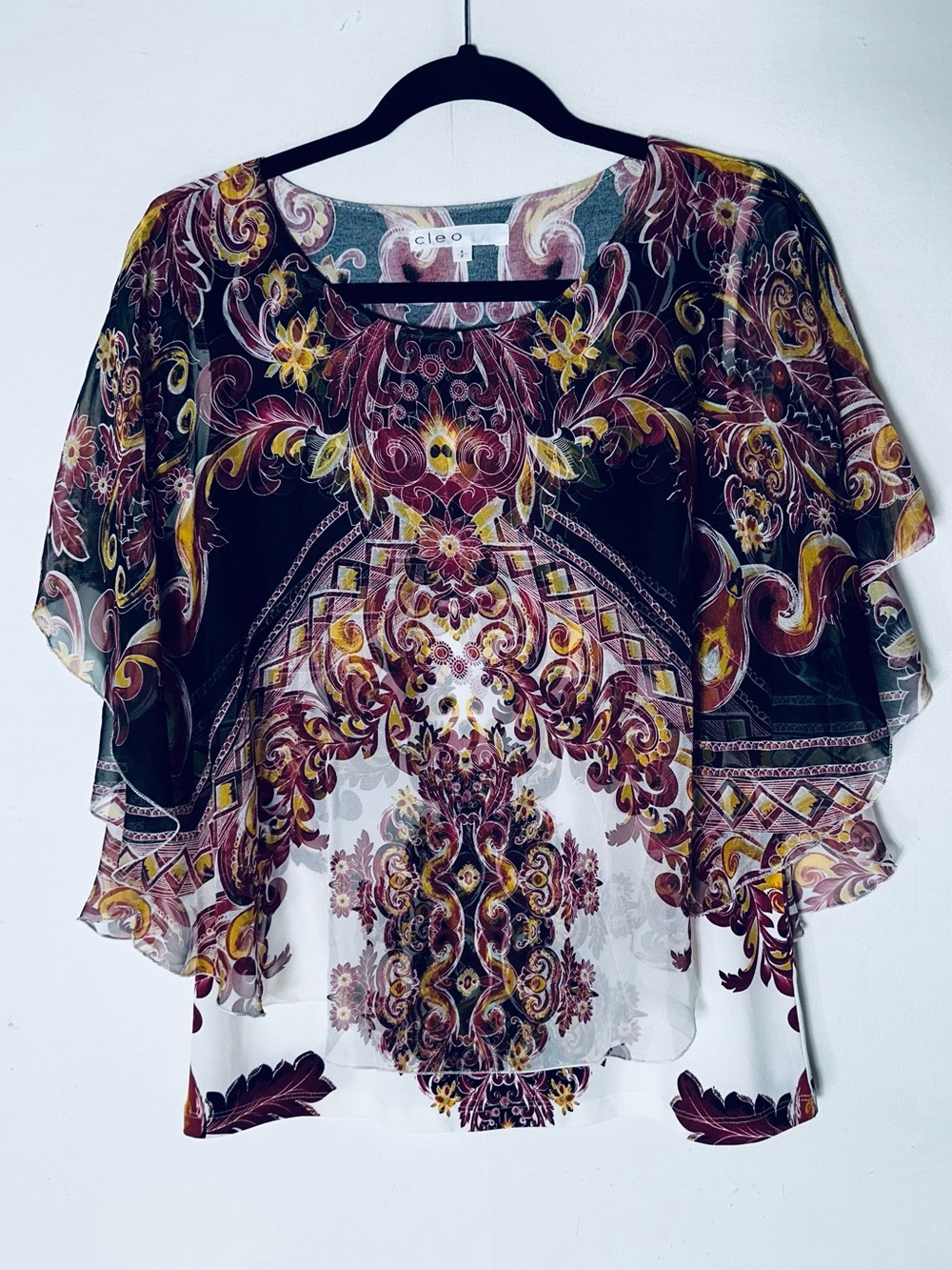 Cleo Abstract Baroque Print Poncho Overlay Tank Blouse S Boho Modest Classic